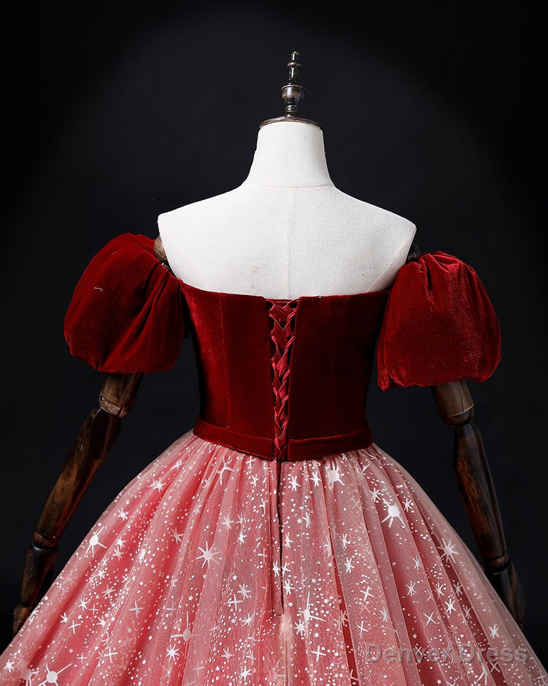 Wine Red Velvet and Pink Tulle Off Shoulder Prom Dress, Pink Sweet 16 Dresses
