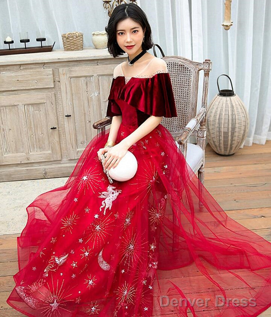 Wine Red Velvet And Tulle A-Line Floor Length Party Dress, Wine Red Long Prom Dress Secondary image