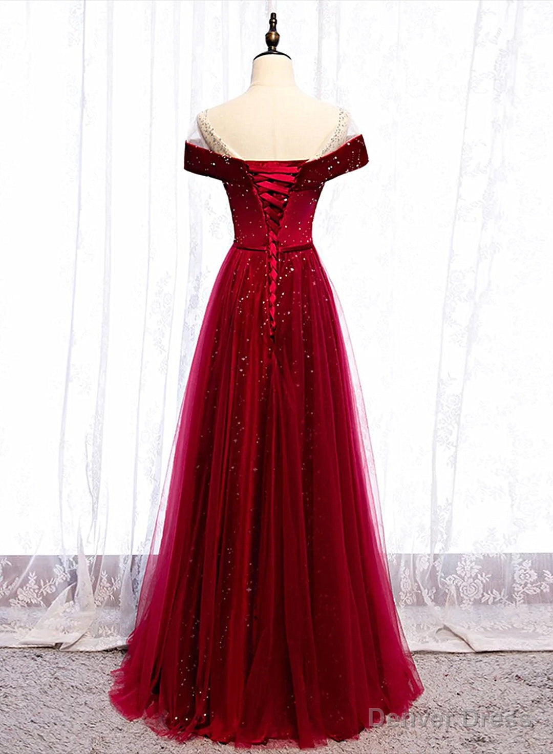 Wine Red Velvet and Tulle Long Prom Dress, A Line Wine Red Floor Length Prom Dresses