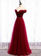 Wine Red Velvet and Tulle Long Prom Dress, A Line Wine Red Floor Length Prom Dresses