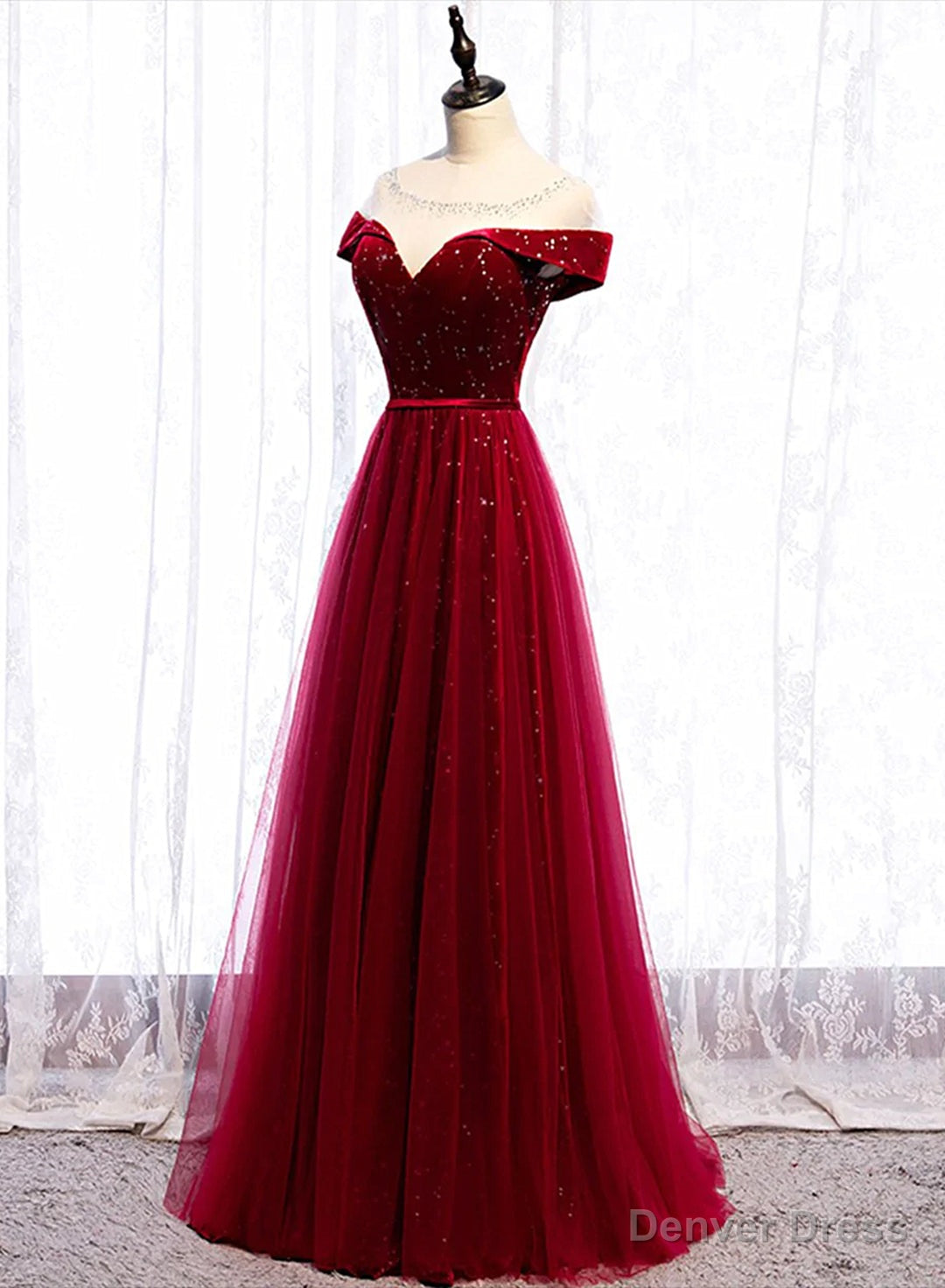 Wine Red Velvet and Tulle Long Prom Dress, A Line Wine Red Floor Length Prom Dresses