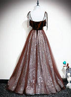 Wine Red Velvet and Tulle Straps Prom Dress, A Line Tulle Prom Dresses