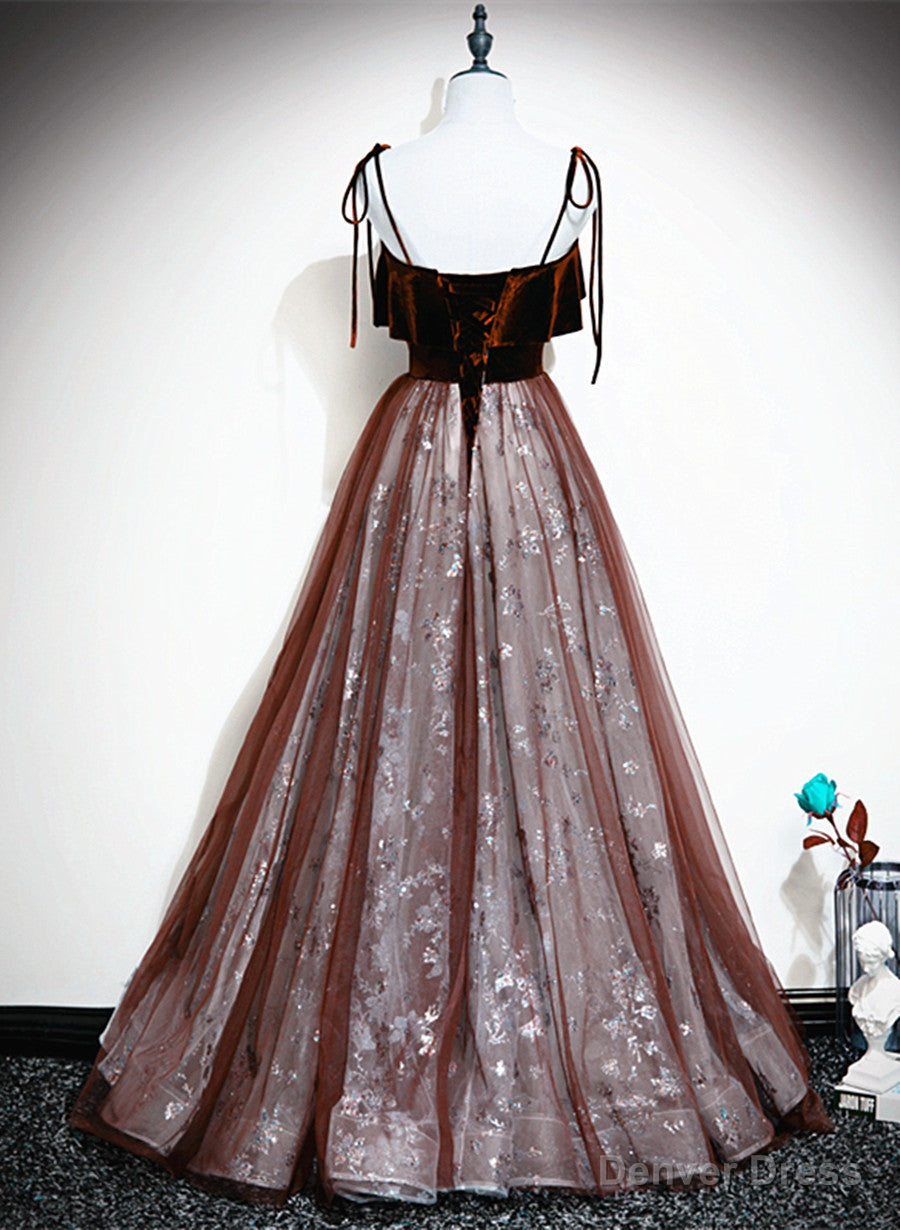 Wine Red Velvet and Tulle Straps Prom Dress, A Line Tulle Prom Dresses