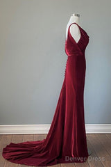 Wine Red Velvet Backless Straps Prom Dress, Wine Red Velvet Party Dress