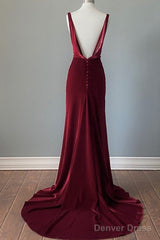 Wine Red Velvet Backless Straps Prom Dress, Wine Red Velvet Party Dress