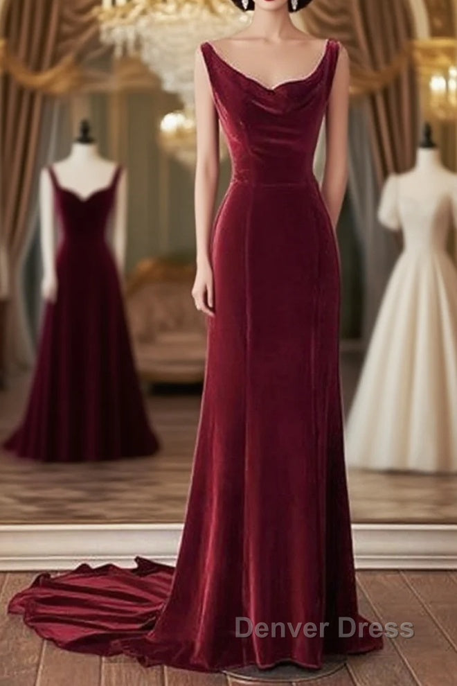 Wine Red Velvet Backless Straps Prom Dresses, Wine Red Velvet Party Dresses Main image
