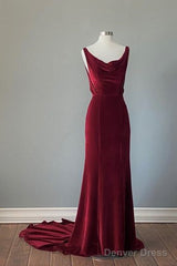 Wine Red Velvet Backless Straps Prom Dress, Wine Red Velvet Party Dress
