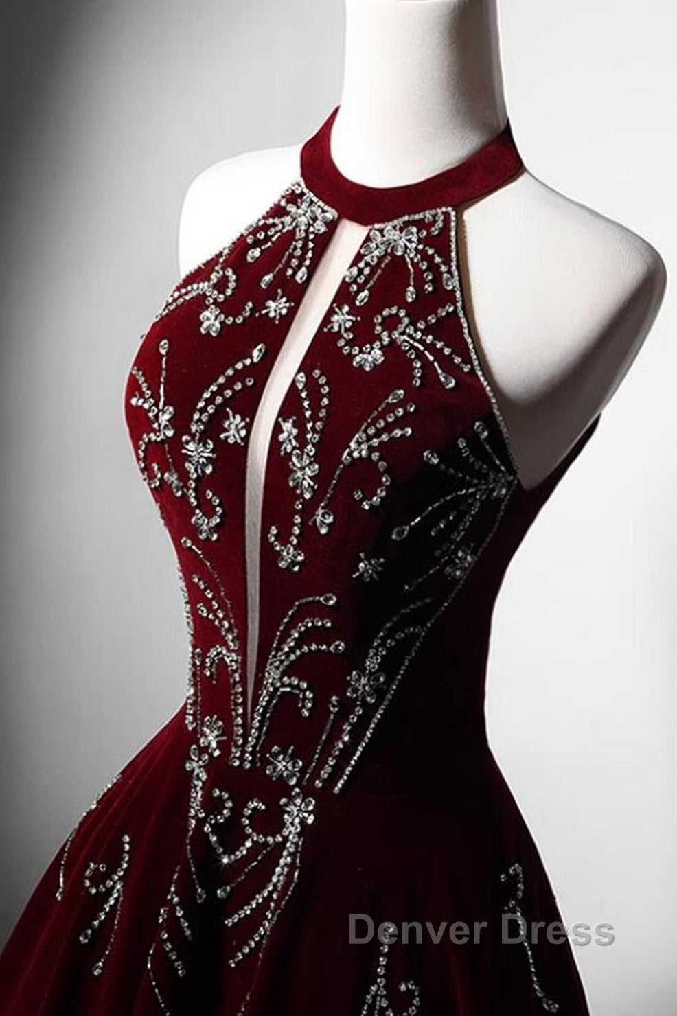 Wine Red Velvet Beaded Halter Long Formal Dresses, A-Line Velvet Prom Dresses Secondary image