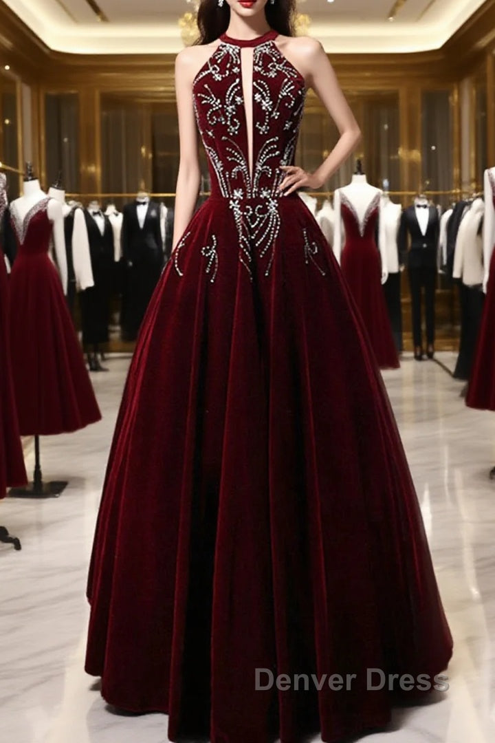 Wine Red Velvet Beaded Halter Long Formal Dresses, A-Line Velvet Prom Dresses Main image