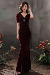 Wine Red Velvet Beaded Short Sleeves Long Party Dress, Wine Red Mermaid Prom Dress
