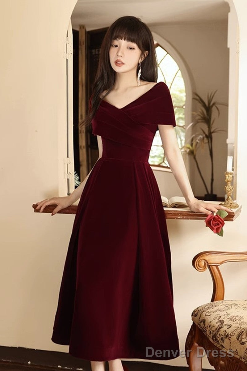 Wine Red Velvet Chic Tea Length, Wine Red Off Shoulder Wedding Party Dress