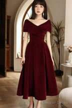 Wine Red Velvet Chic Tea Length, Wine Red Off Shoulder Wedding Prom Dresses
