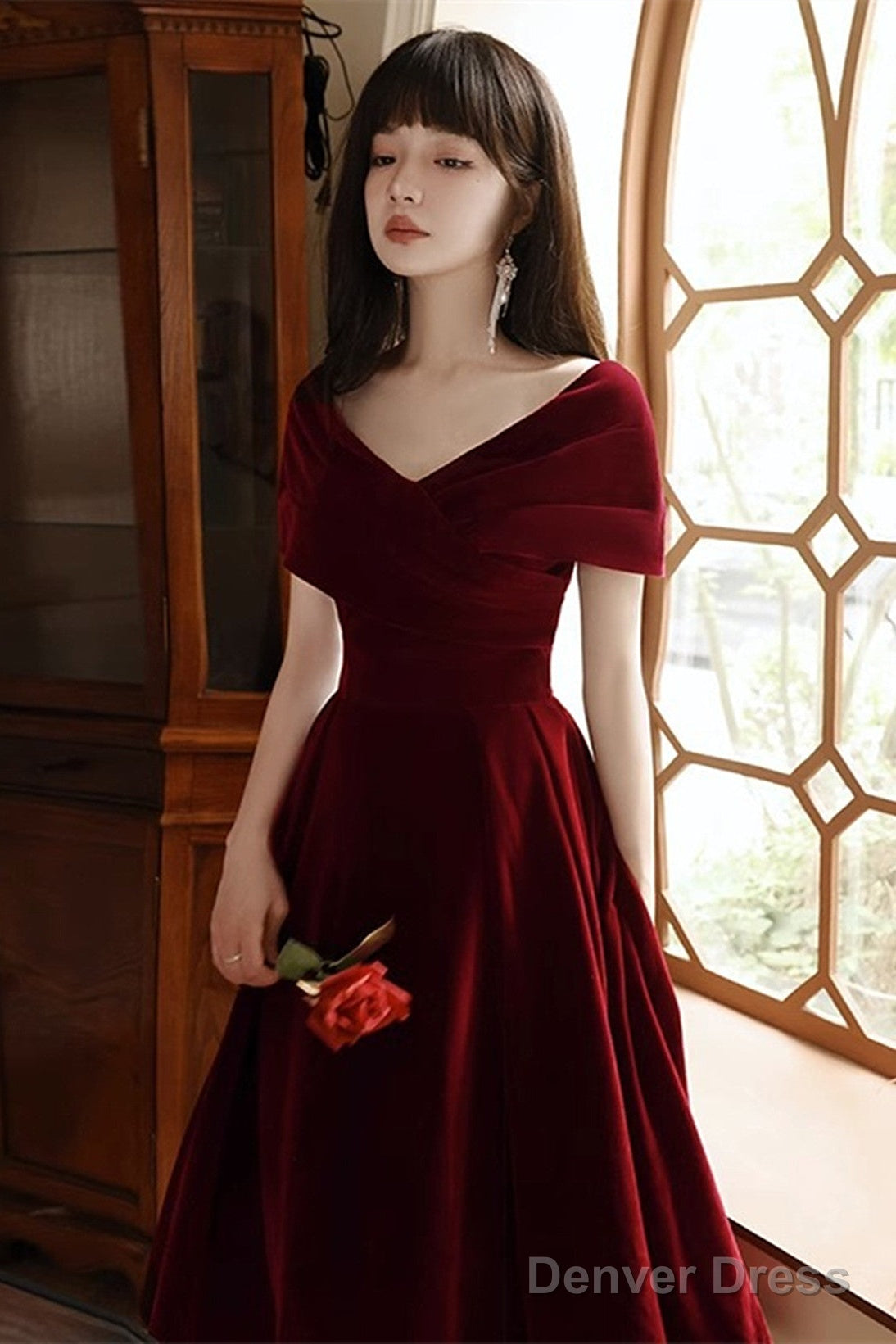 Wine Red Velvet Chic Tea Length, Wine Red Off Shoulder Wedding Prom Dresses Main image