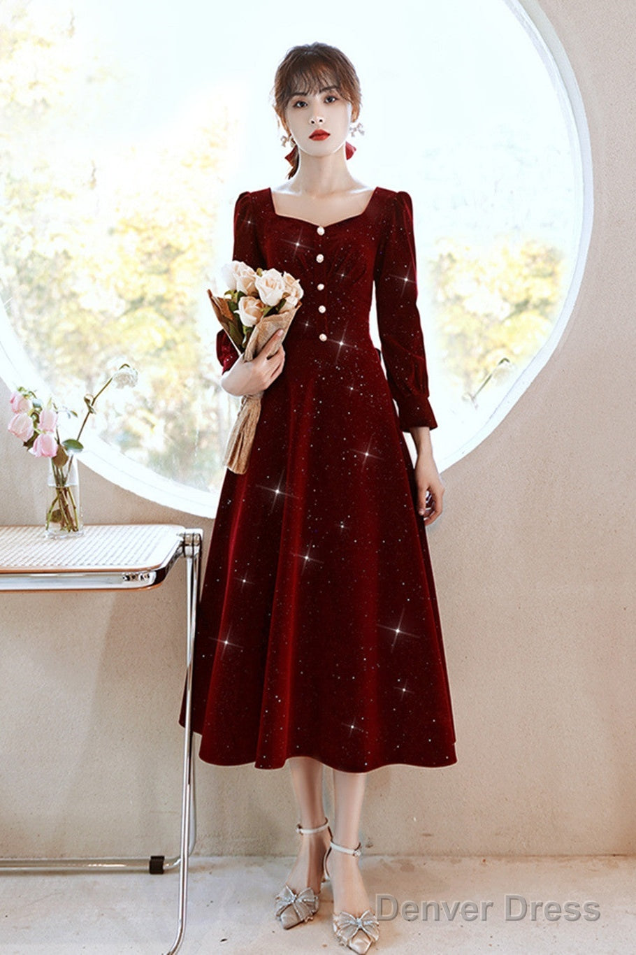 Wine Red Velvet Elegant Tea Length Bridesmaid Dress, Wine Red Homecoming Dress Secondary image