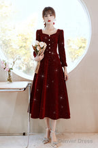 Wine Red Velvet Elegant Tea Length Bridesmaid Dress, Wine Red Homecoming Dress