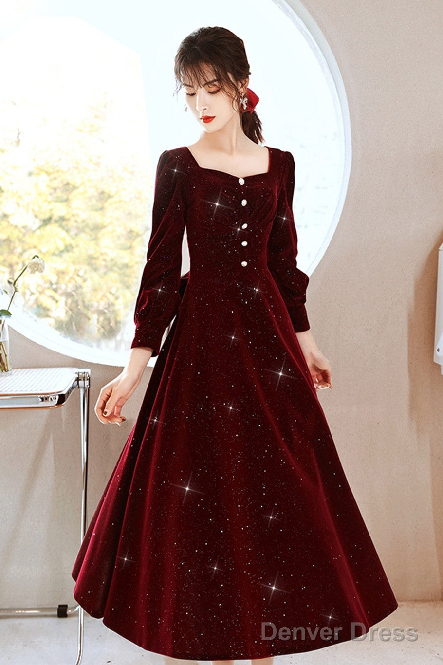 Wine Red Velvet Elegant Tea Length Bridesmaid Dress, Wine Red Homecoming Dresses