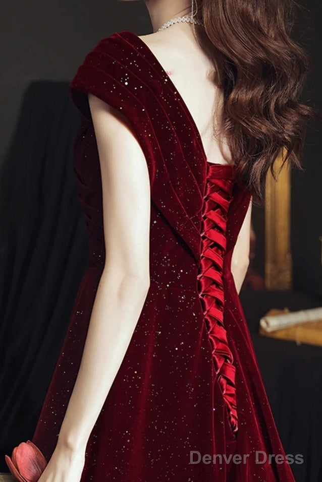 Wine Red Velvet Floor Length A-Line Prom Dress, Wine Red Wedding Prom Dresses