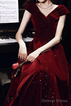 Wine Red Velvet Floor Length A-Line Prom Dress, Wine Red Wedding Prom Dresses