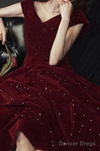 Wine Red Velvet Floor Length A-Line Prom Dress, Wine Red Wedding Prom Dresses