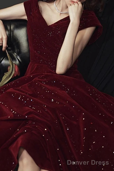 Wine Red Velvet Floor Length A-Line Prom Dress, Wine Red Wedding Prom Dresses