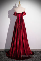 Wine Red Velvet Floor Length Long Prom Dress, A-Line Velvet Bridesmaid Dresses