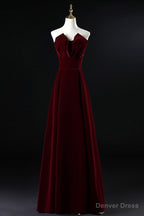 Wine Red Velvet Floor Length Long Prom Dress, Dark Red Prom Dresses