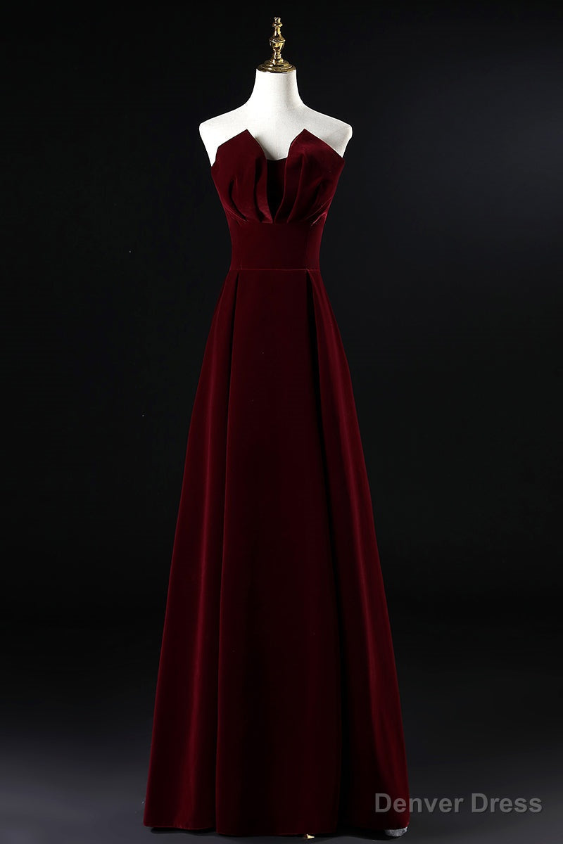 Wine Red Velvet Floor Length Long Prom Dress, Dark Red Prom Dresses
