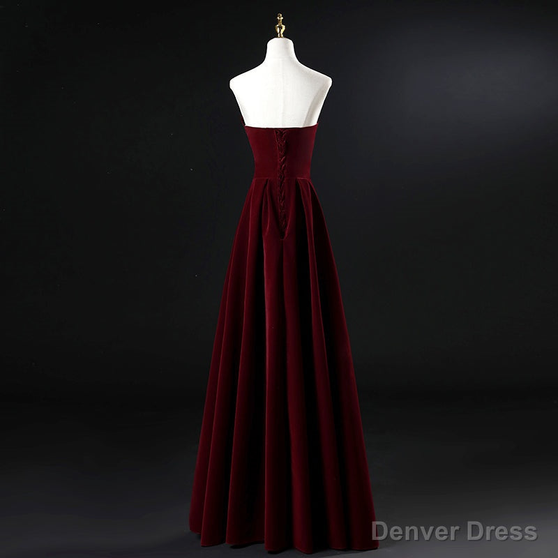 Wine Red Velvet Floor Length Long Prom Dress, Dark Red Prom Dresses