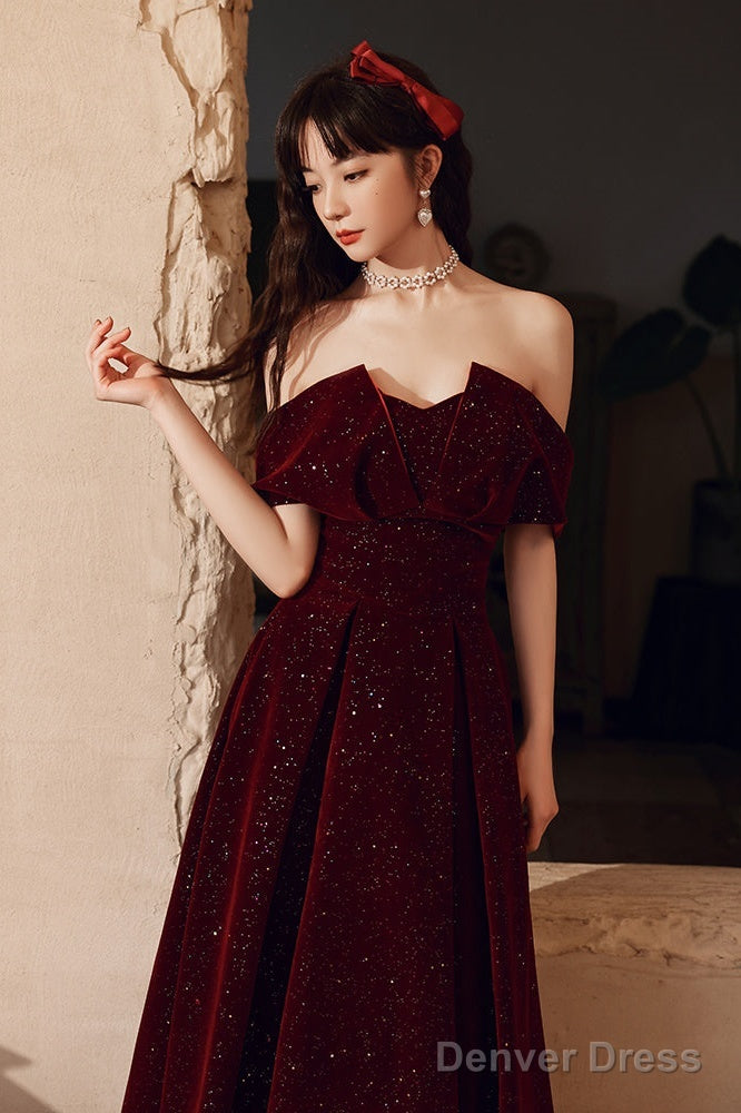 Wine Red Velvet Floor Length Prom Dress, A-Line Prom Dress Wine Red Prom Dresses