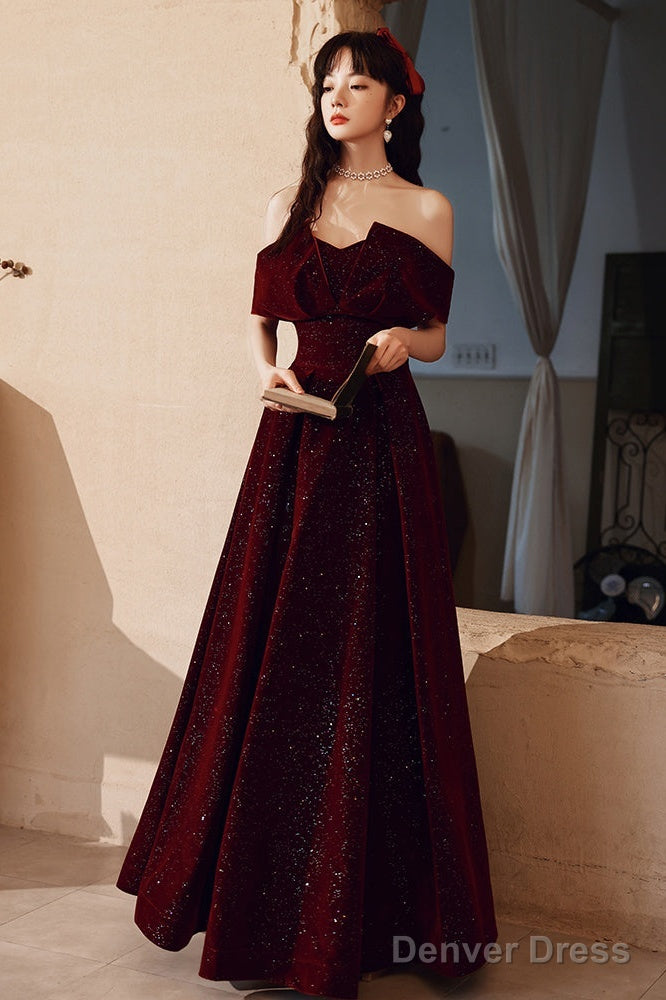 Wine Red Velvet Floor Length Prom Dress, A-Line Prom Dress Wine Red Prom Dresses