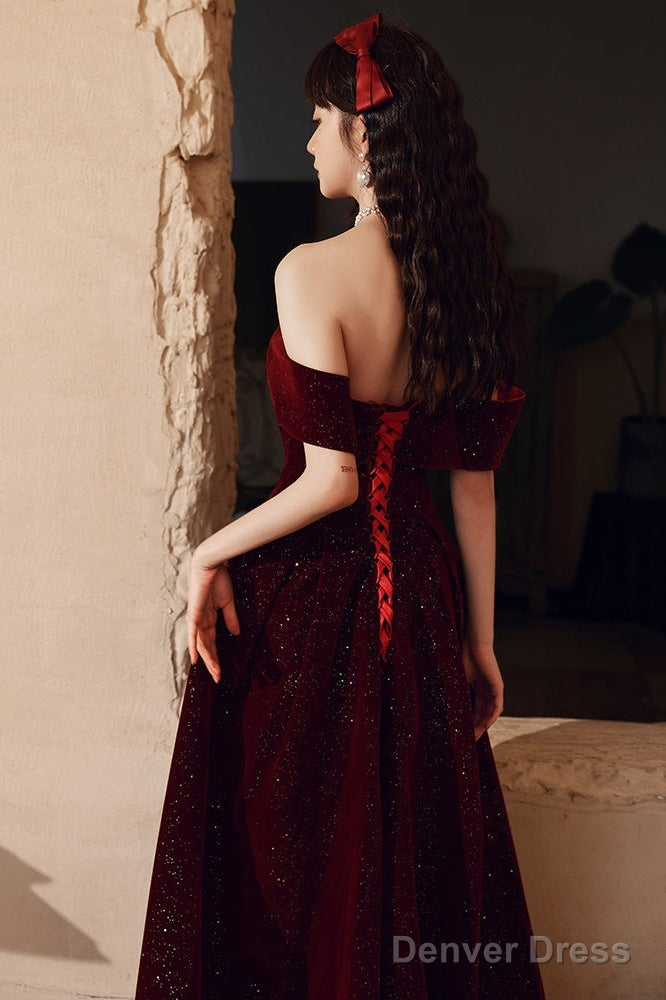Wine Red Velvet Floor Length Prom Dress, A-Line Prom Dress Wine Red Prom Dresses