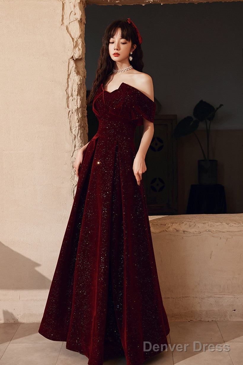Wine Red Velvet Floor Length Prom Dress, A-Line Prom Dress Wine Red Prom Dresses