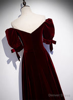 Wine Red Velvet Floor Length Short Sleeves Prom Dress, A Line Wine Red Bridesmaid Dresses