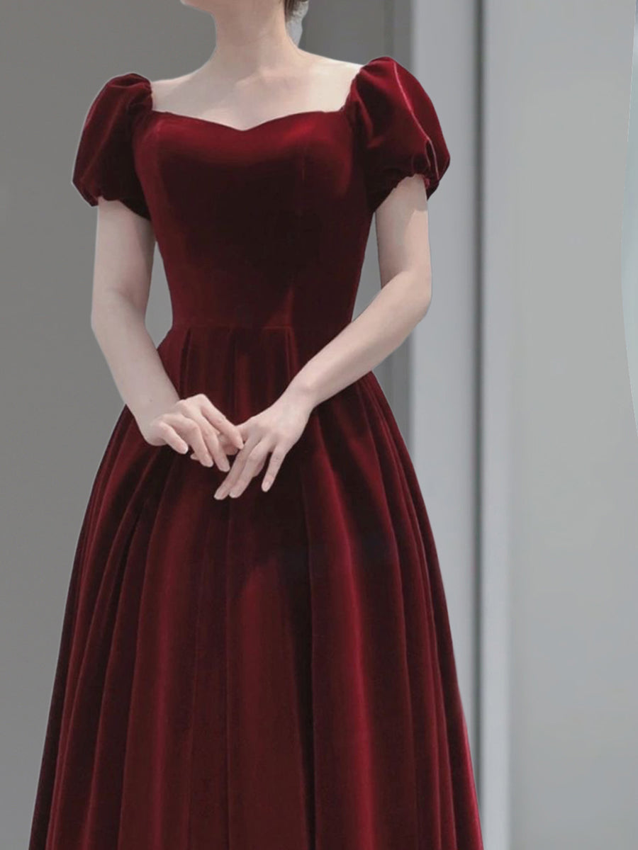 Wine Red Velvet Floor Length Wedding Prom Dress, Short Sleeves Prom Dresses Secondary image