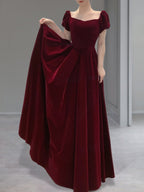 Wine Red Velvet Floor Length Wedding Prom Dress, Short Sleeves Prom Dresses