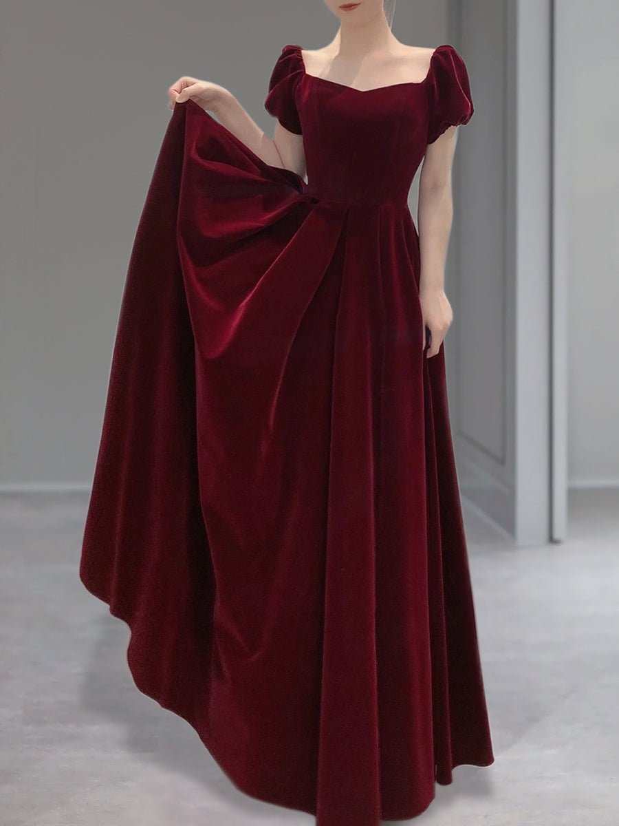 Wine Red Velvet Floor Length Wedding Prom Dress, Short Sleeves Prom Dresses