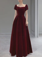 Wine Red Velvet Floor Length Wedding Prom Dress, Short Sleeves Prom Dresses