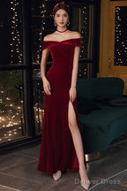 Wine Red Velvet Leg Slit Long Prom Dress Party Dress, Mermaid Off Shoulder Gowns