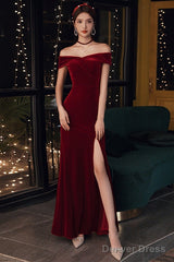 Wine Red Velvet Leg Slit Long Prom Dress Party Dress, Mermaid Off Shoulder Gowns