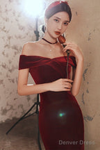Wine Red Velvet Leg Slit Long Prom Dress Party Dress, Mermaid Off Shoulder Gowns