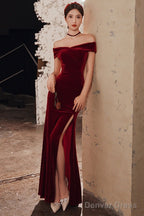 Wine Red Velvet Leg Slit Long Prom Dress Party Dress, Mermaid Off Shoulder Gowns