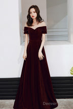 Wine Red Velvet Long A-Line Bridesmaid Dress, Wine Red Prom Dresses