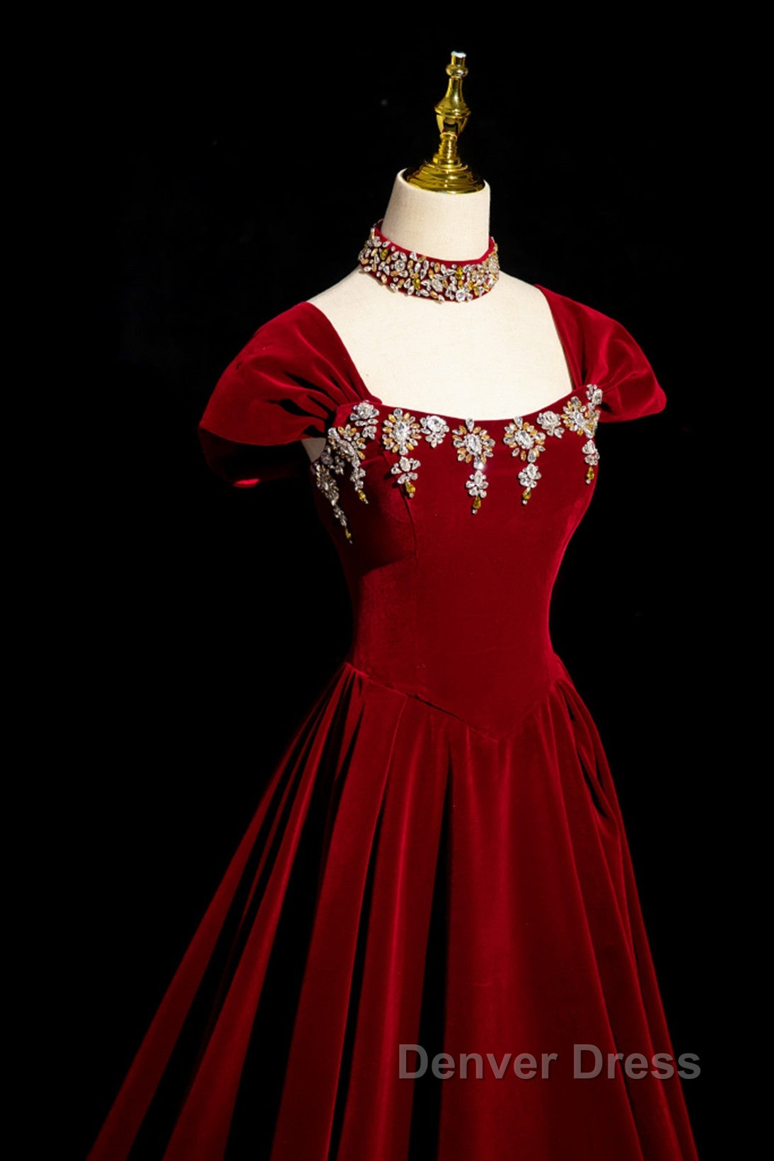 Wine Red Velvet Long Formal Dresses With Beadings, Wine Red Prom Dresses Secondary image