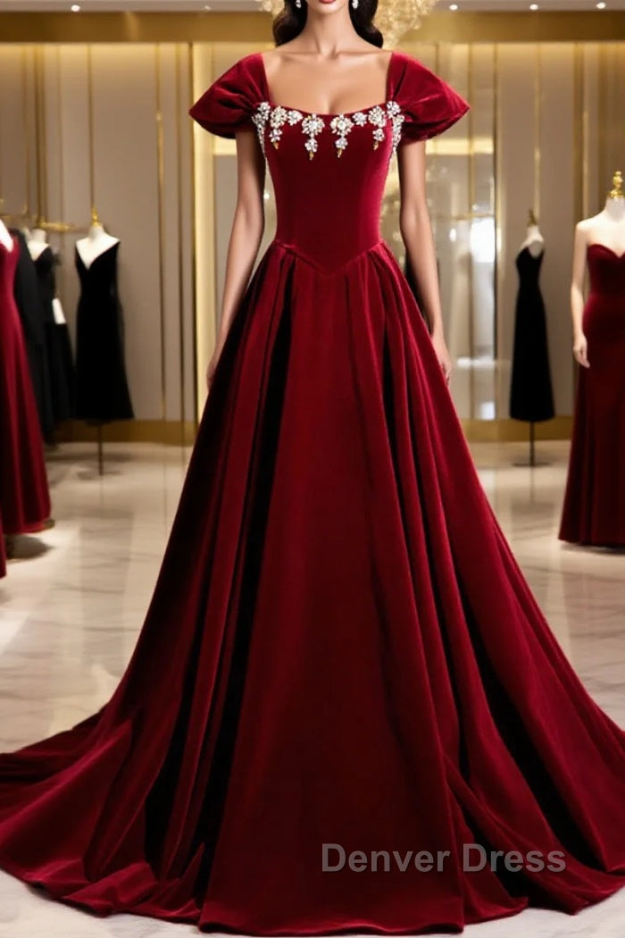 Wine Red Velvet Long Formal Dresses With Beadings, Wine Red Prom Dresses Main image