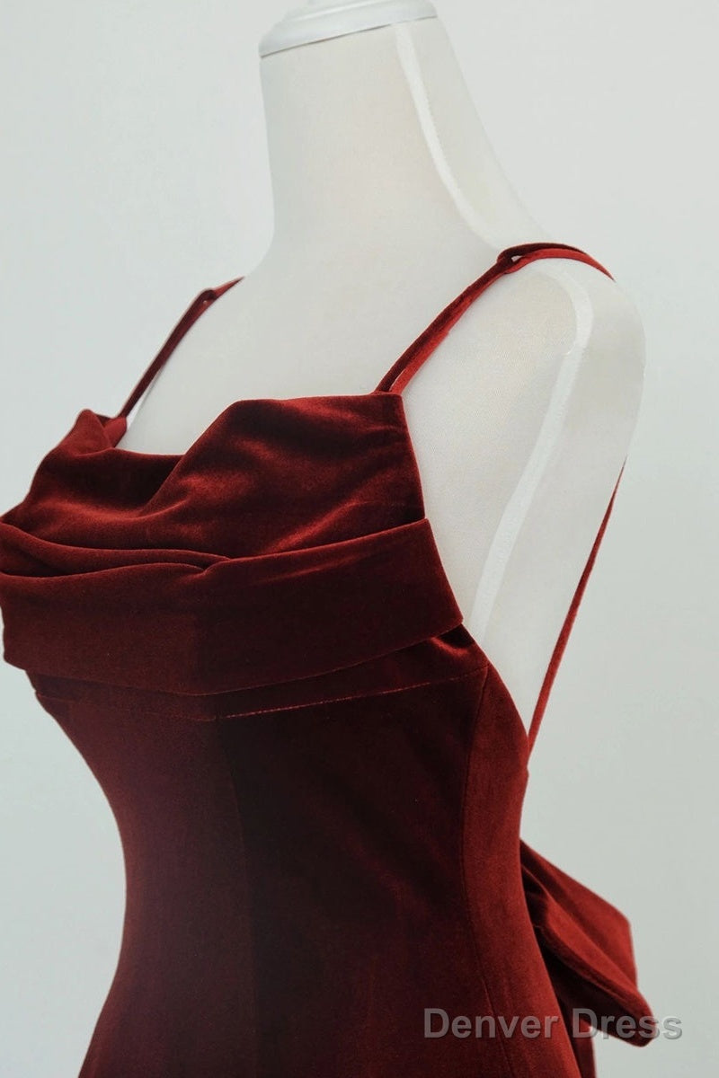 Wine Red Velvet Long Party Dress, Mermaid Open Back Long Prom Dress