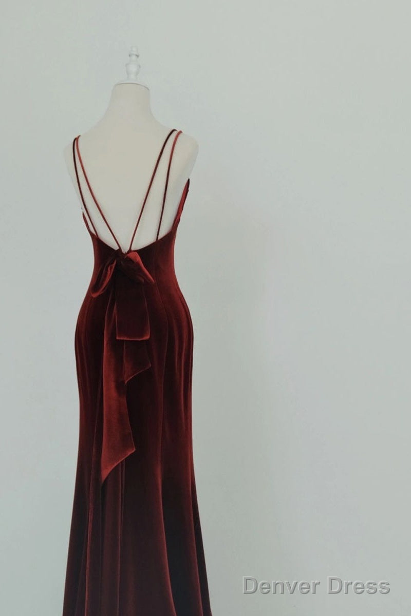 Wine Red Velvet Long Party Dress, Mermaid Open Back Long Prom Dress