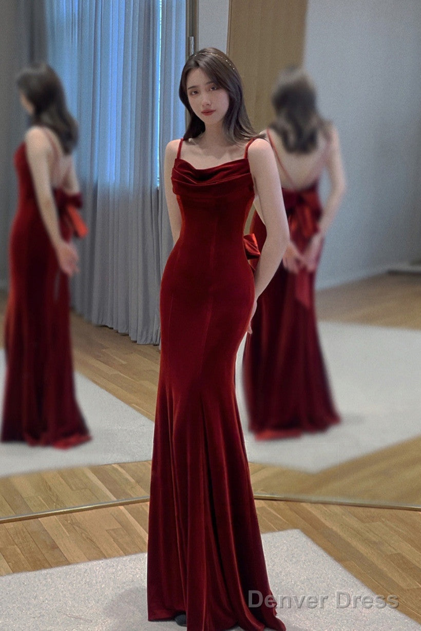 Wine Red Velvet Long Party Dress, Mermaid Open Back Long Prom Dress Main image