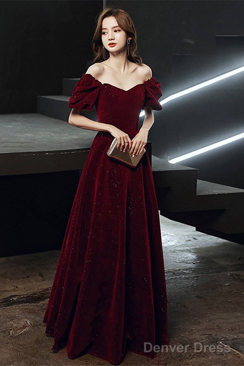 Wine Red Velvet Long Party Dress, Off Shoulder A-Line Long Prom Dress Main image