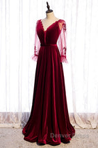 Wine Red Velvet Long Party Dresses Prom Dresses, A-Line Long Sleeves Formal Dresses