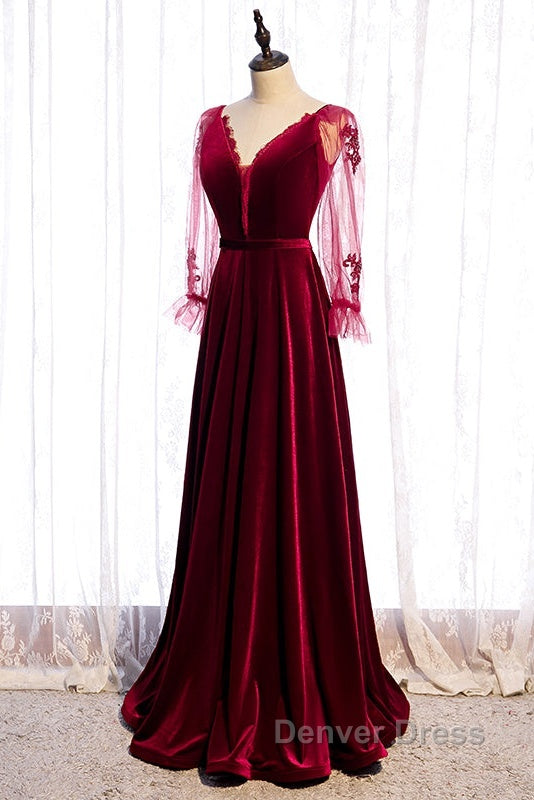Wine Red Velvet Long Party Dresses Prom Dresses, A-Line Long Sleeves Formal Dresses